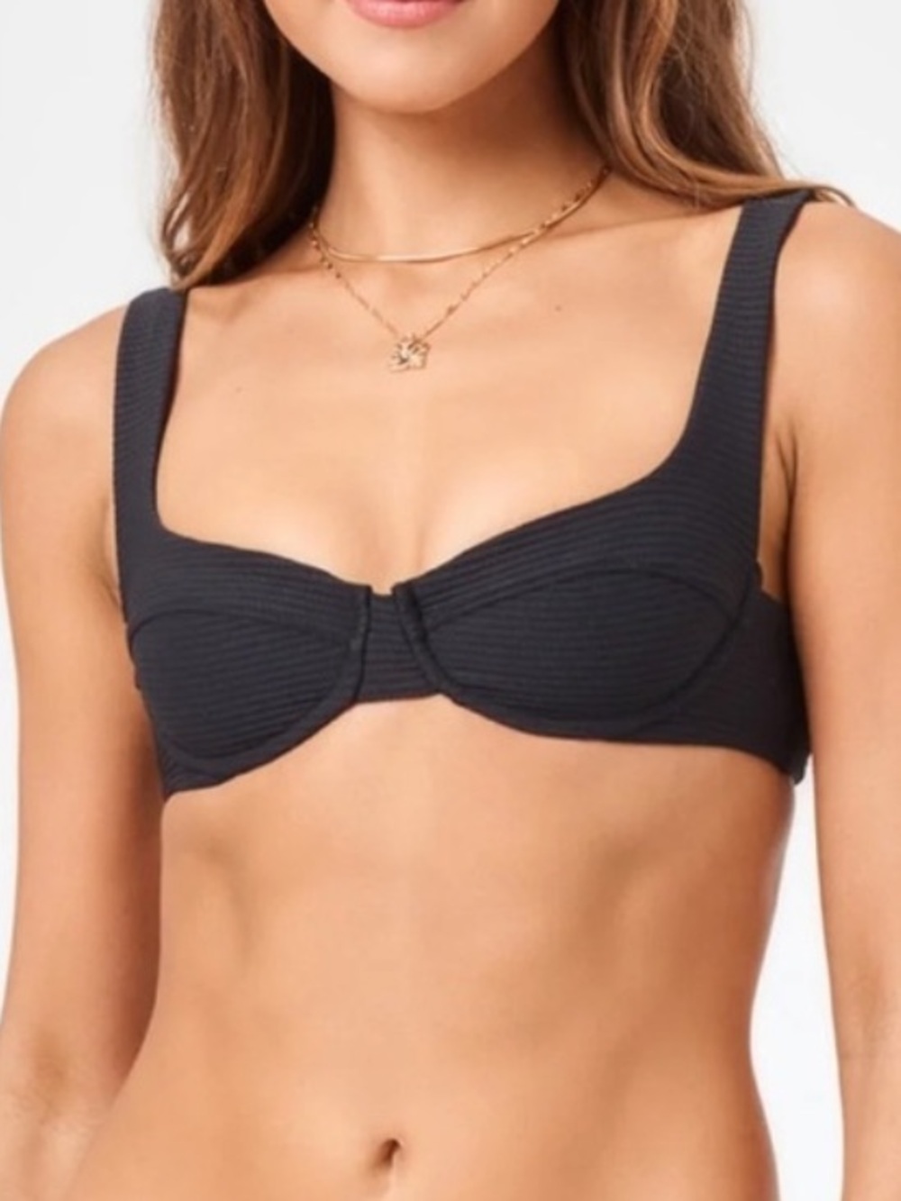 LSPACE Nikita Bikini Top Size L Black Ribbed Underwire Beach Swim Vacation